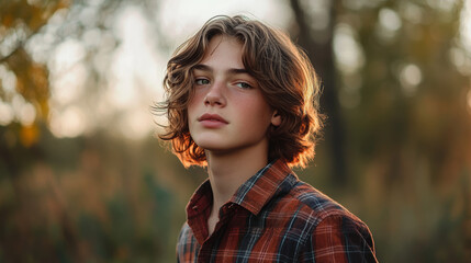 A young Caucasian man with wavy brown hair and a plaid shirt, standing outdoors in the golden hour light, portraying a thoughtful and serene expression.
