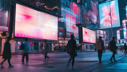 digital billboard mockup, people walking, city street, night time,...