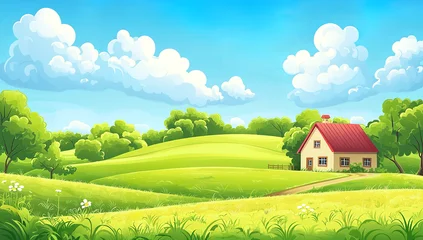 Rolgordijnen Kinderkamer Cute cartoon vector style landscape view of farm with house, green...  © nikolettamuhari