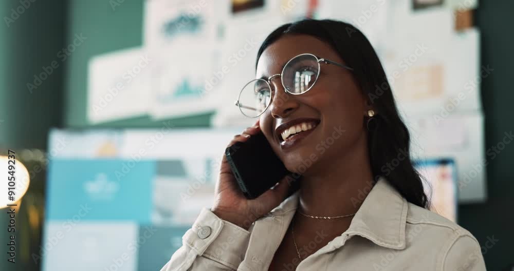 Poster happy, girl and phone call for conversation in home office for business proposal, networking and com