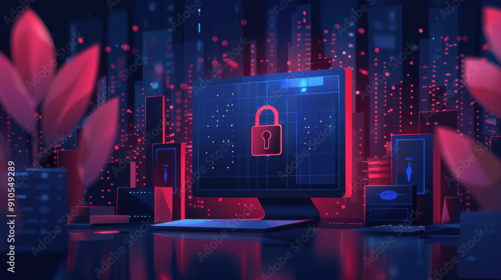 Poster computer screen displaying a digital lock icon, symbolizing cybersecurity in a modern, high-tech env