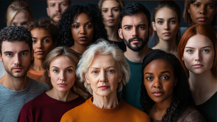 a group of 20 people, mostly caucasian, ages 20 to 65, looking into the camera