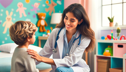 Fototapeta premium Caring pediatrician comforts child in vibrant clinic