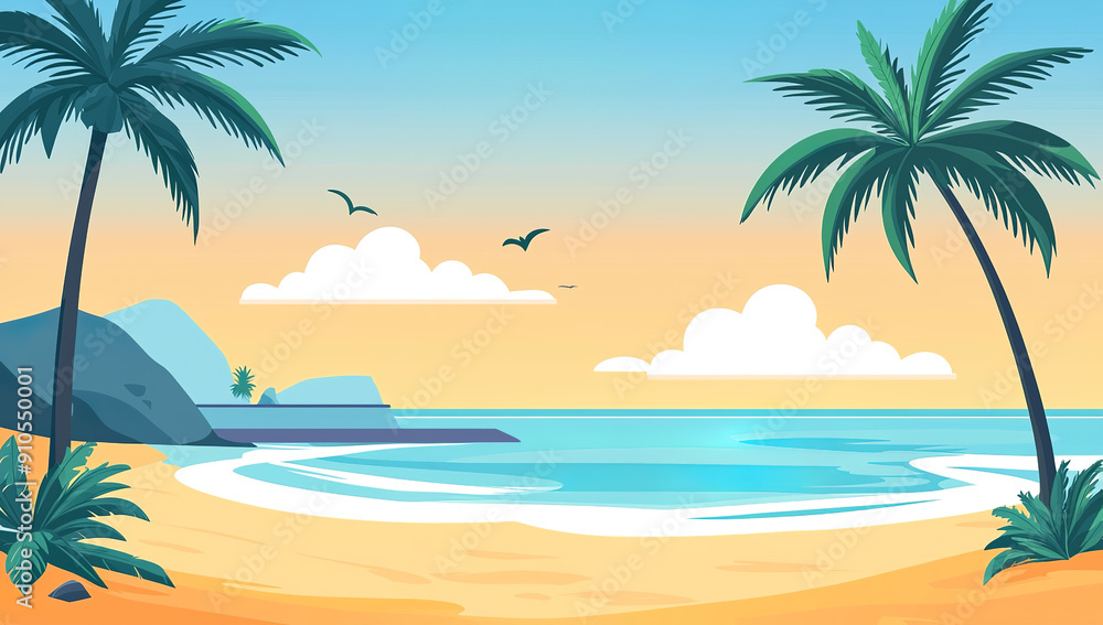 Poster beach with palm trees and sea landscape background flat vector...