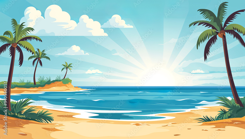 Poster beach and sea landscape with palm trees on the shore flat vector...