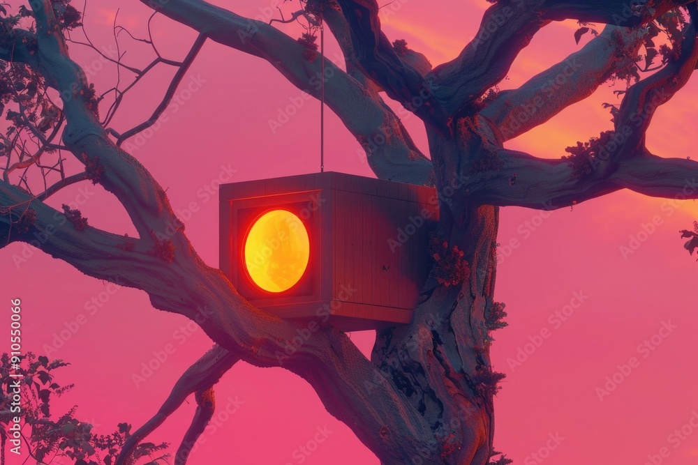 Poster a red traffic light hangs from a tree branch