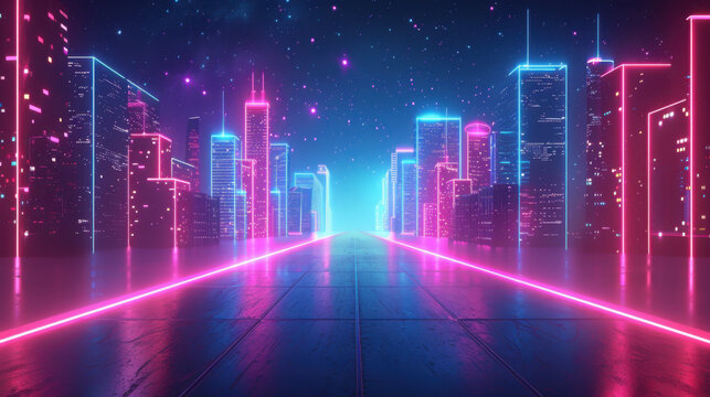 Bright neon-lit cityscape with futuristic skyscrapers and a glowing horizon, creating a vibrant and modern urban atmosphere.