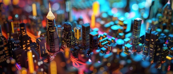 High tech data network color grids over miniature cityscape,