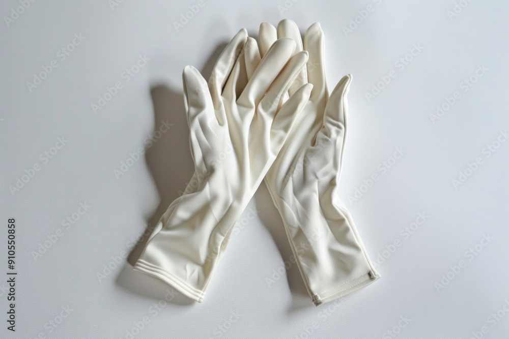 Poster a pair of white gloves sitting on a table, possibly for use or display