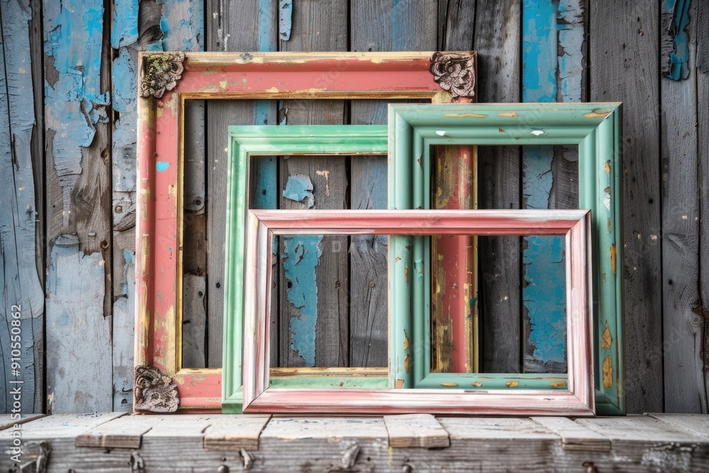 Poster three colorful frames sit on a wooden surface, ready for use