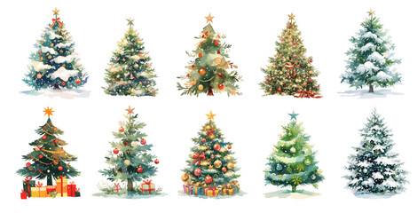 Watercolor christmas tree set. New year winter pine decoration with gift boxes and toys, fir for holiday card vector illustration