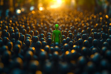 A green figurine stands out in a crowd of dark-colored figures, symbolizing uniqueness and contrast. The use of lighting and colors emphasizes the central figure	
