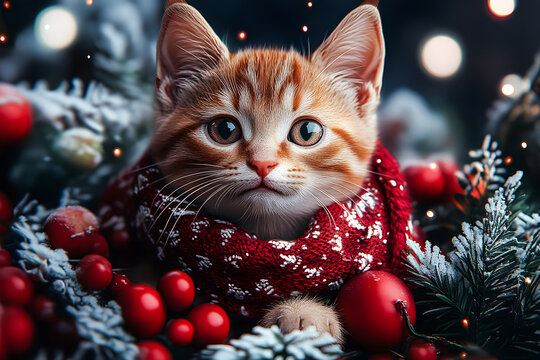Chat mignon portant une &eacute;charpe sous la neige