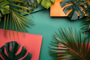 Green and orange background featuring tropical leaves