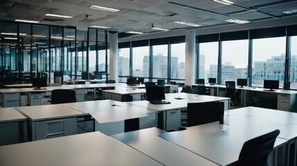 An Empty Office With Many Desks