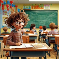 Niña con TDAH o Trastorno por Déficit de Atención e Hiperactividad en la escuela. Se ve con la mirada perdida, frustrada con dificultades en el aprendizaje. 