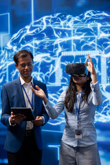 Expert doing VR demonstration at AI tech summit event gathering professionals seeking to discover...