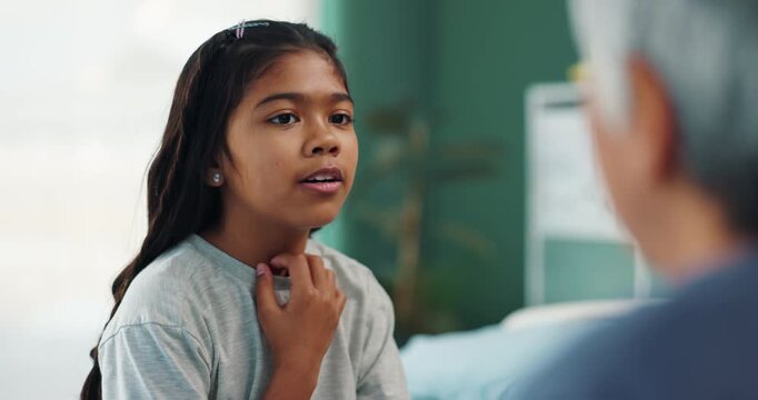 Sick girl, doctor and throat infection in hospital for health, wellness and speaking with cough. Child, ENT specialist and tonsils in clinic for consultation, medicine and healthcare assessment
