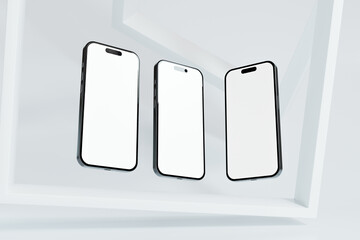 Three pieces of white screen smartphone mockup. Mobile phone isolated on white background with frame. different angle view of phone. 3D rendering for product presentation