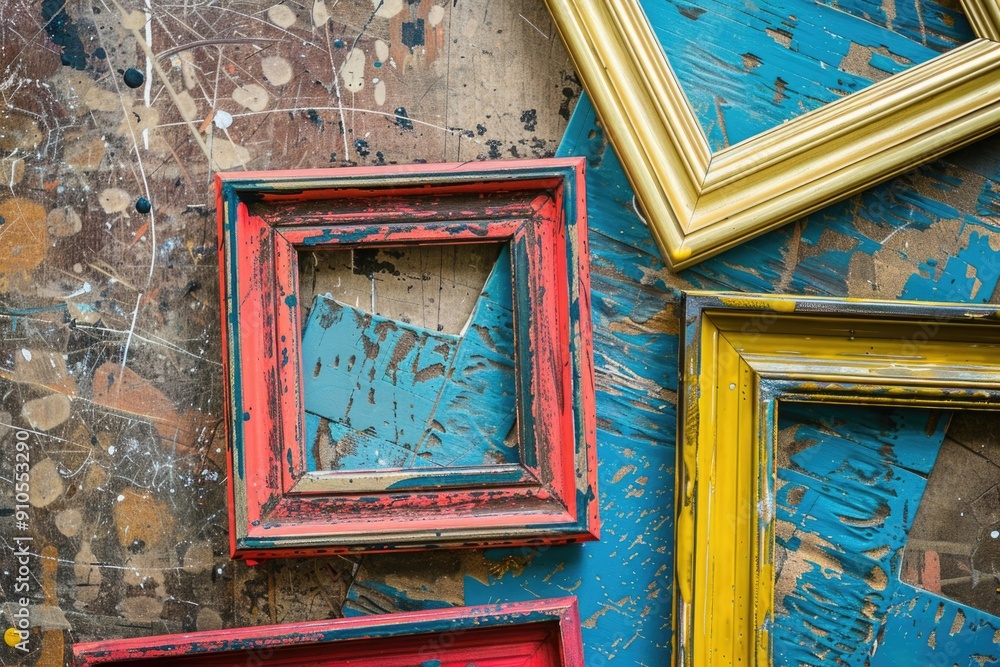 Poster a collection of colorful picture frames hanging on a wall, perfect for use in interior design or pho