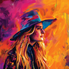 Naklejka premium Hot woman in hat on orange background. Ai generated