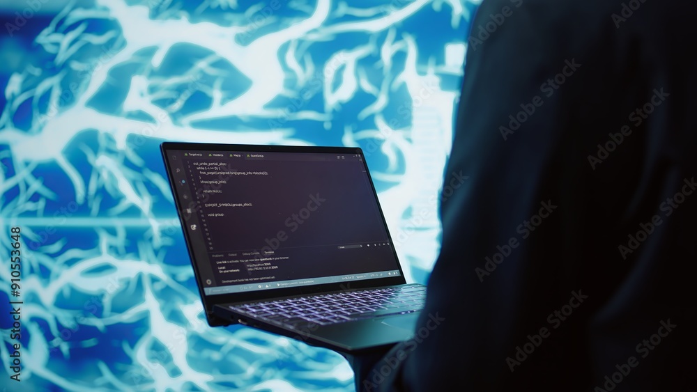 Poster technician uses laptop and ai neural networks modeled after human brain to solve complex problems. c
