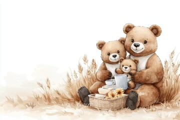 Cute watercolor illustration of a bear family enjoying a picnic in a field.