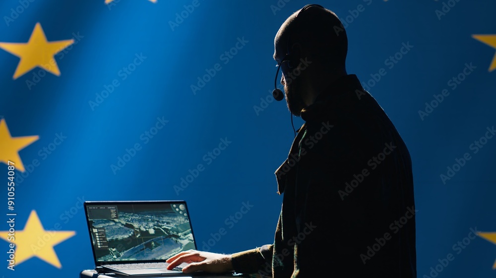 Poster european union alliance air defense early warning systems operator evaluating incoming enemy aerial 