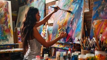 beautiful woman painting a picture on canvas