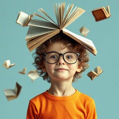 Niño con lentes con muchos libros volando en el aire. Tiene un libro en la cabeza, evocando la imaginación de la lectura en la infancia.