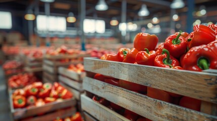Rows of vibrant red bell peppers in wooden market boxes. Fresh Red Bell Peppers in the factory. Fruit and vegetable production area.