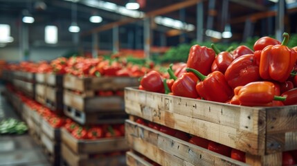 Rows of vibrant red bell peppers in wooden market boxes. Fresh Red Bell Peppers in the factory. Fruit and vegetable production area.
