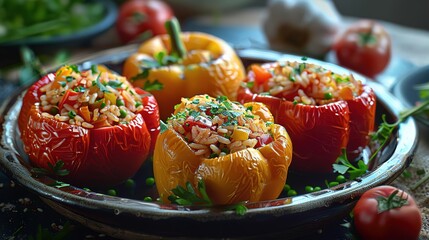 Delicious Stuffed Bell Peppers with Rice and Vegetables - Realistic Food Photography