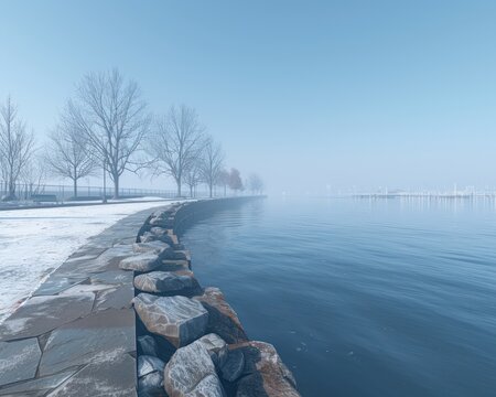 Tranquil Waterfront Scene Serene Waters Edge, Calm and Peaceful Atmosphere, Foggy Morning, Stone Pathway, Bare Trees, Winter Landscape, Nature's Tranquility, Coastal Serenity, Picturesque View, Water