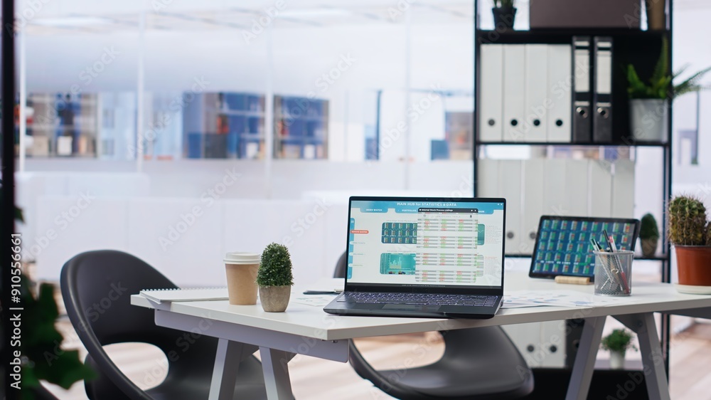 Poster empty office with stock exchange portfolio on devices containing collection of investment bonds and 