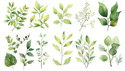 A watercolor clipart of various green leaves and foliage elements,...