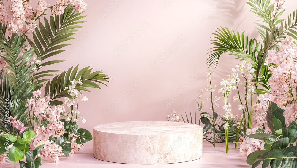Poster a simple and elegant display stand with a round stone base,...