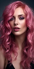 Naklejka premium Glamorous pretty woman with beautiful wavy pink hair, mysterious and sensual attitude, vertical orientation.