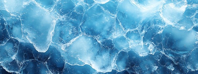 Obraz premium Beautiful winter natural blue ice texture of surface of frozen. Nature abstract pattern of white cracks. Winter seasonal background, mock up, flat lay, ice texture background, ice banner 