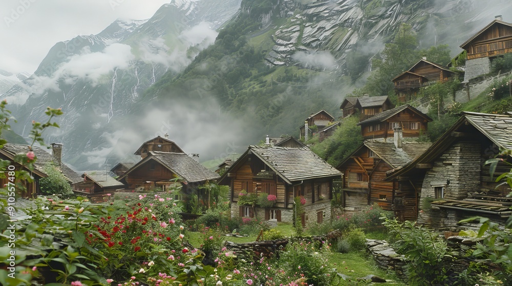 Wall mural mountain holiday houses made from wood, swiss culture