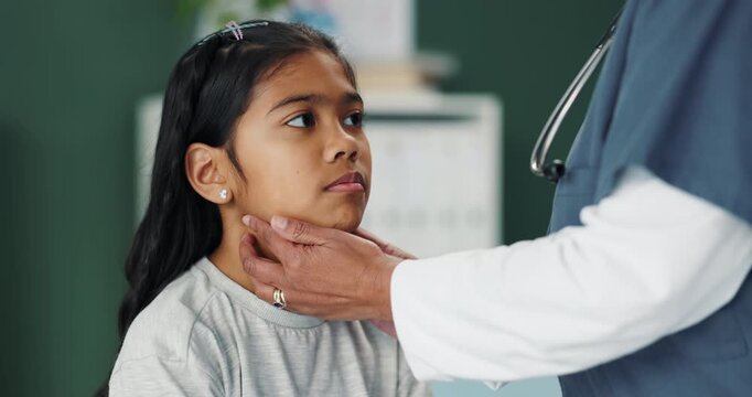 Nurse, patient and hands on neck to check for tonsils, thyroid disease or lymph node in hospital. Ent, girl and child with medical pediatrician in throat exam, test and diagnosis of kid in clinic