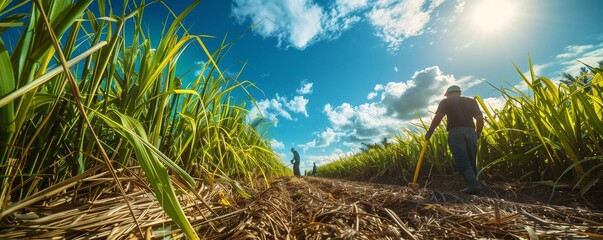 Worker cutting sugarcane in a tropical field under a bright blue sky with clouds