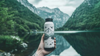 A person holding up an eco-friendly water bottle with the design of...