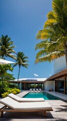 Fototapeta premium Palm Trees and Lounge Chairs Surrounding a Swimming Pool