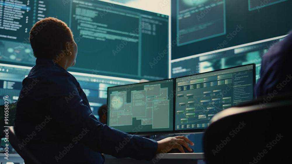 Poster cyber security expert working on encryption and it security in a governmental agency. woman engaging