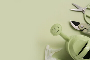 Watering can, sprayer and pruner on green background