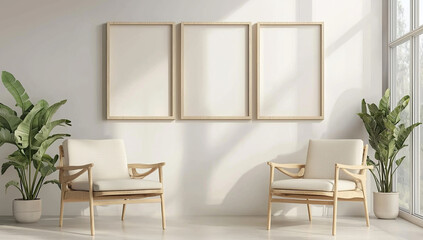 A mockup of three blank wooden frames on the wall, each frame is...