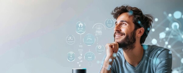 Young man pondering innovative ideas with futuristic holographic interface in workspace