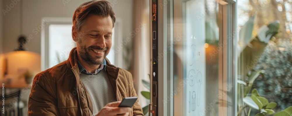 Poster smiling man using smartphone in modern home with greenery