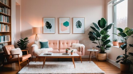 Fototapeta premium A Living Room With Furniture and Large Window